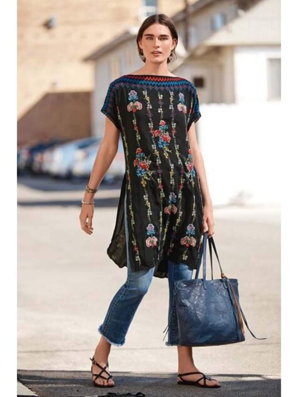 Johnny Was Black Floral Embroidered Tunic Dress Boho Cupra Rayon Size M